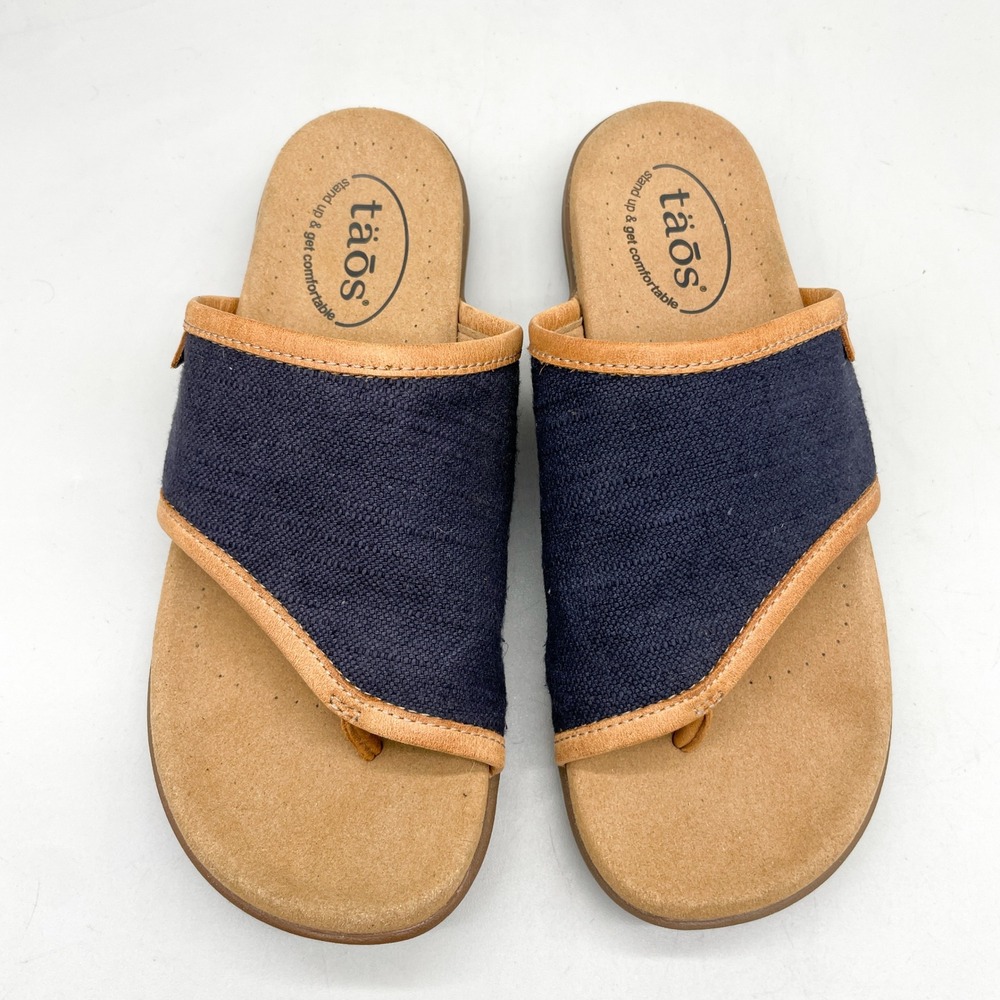 Taos Womens 7 Boundary Thong Sandals Navy Blue Canvas Comfort Walk Boho Coastal